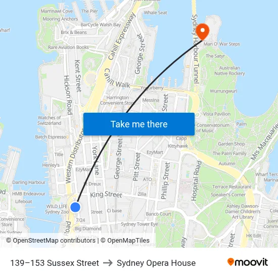139–153 Sussex Street to Sydney Opera House map