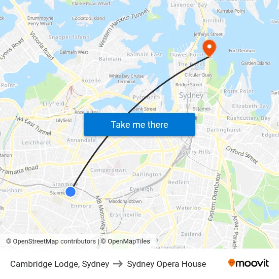 Cambridge Lodge, Sydney to Sydney Opera House map