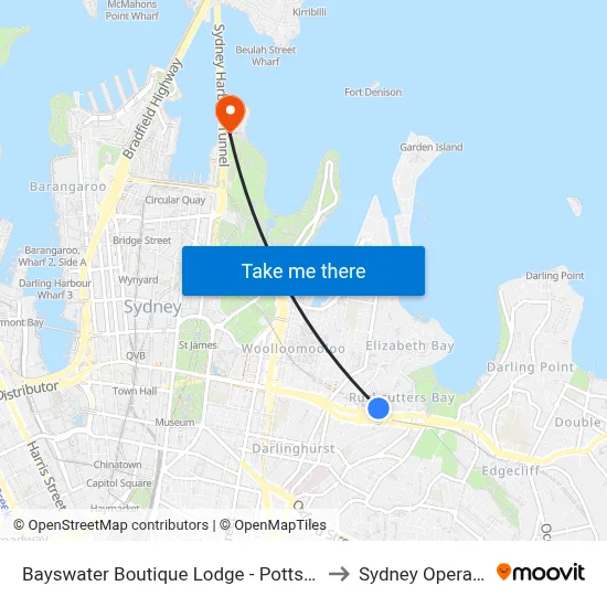 Bayswater Boutique Lodge - Potts Point, Sydney to Sydney Opera House map