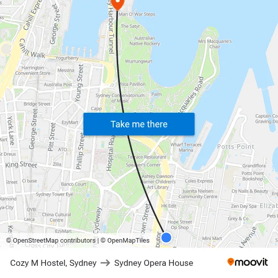 Cozy M Hostel, Sydney to Sydney Opera House map