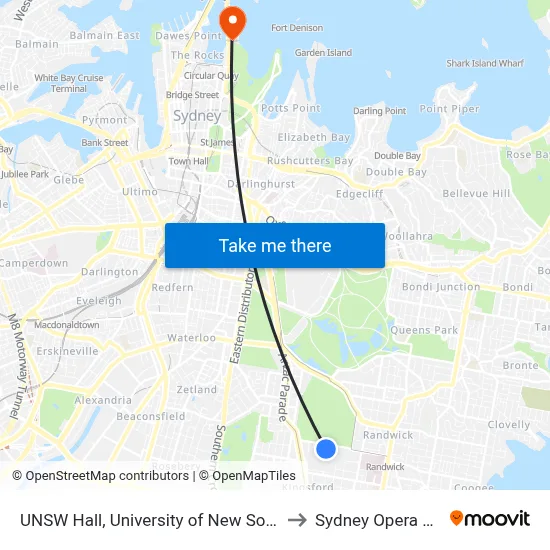 UNSW Hall, University of New South Wales to Sydney Opera House map