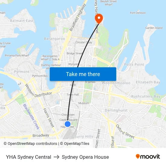 YHA Sydney Central to Sydney Opera House map