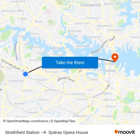 Strathfield Station to Sydney Opera House map