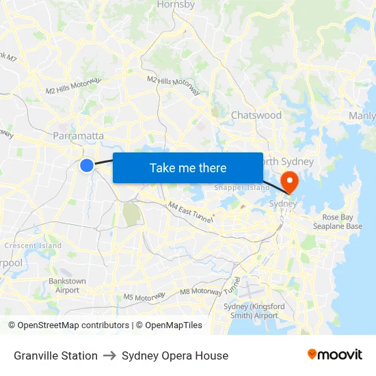 Granville Station to Sydney Opera House map