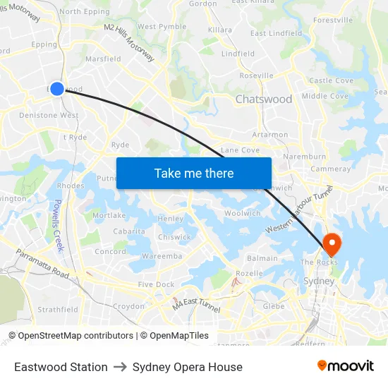 Eastwood Station to Sydney Opera House map