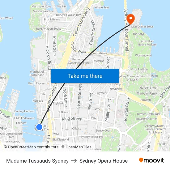 Madame Tussauds Sydney to Sydney Opera House map