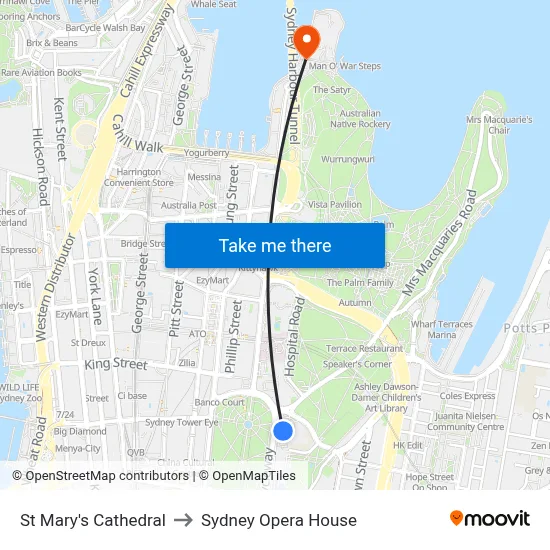 St Mary's Cathedral to Sydney Opera House map