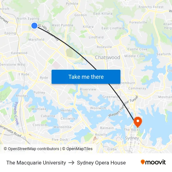 The Macquarie University to Sydney Opera House map