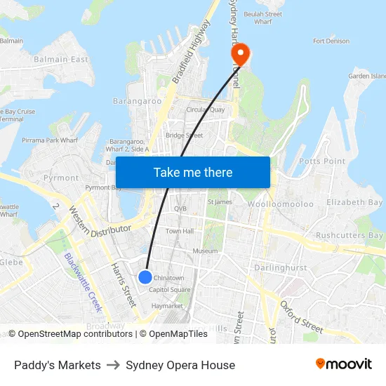Paddy's Markets to Sydney Opera House map