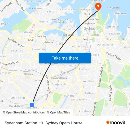 Sydenham Station to Sydney Opera House map