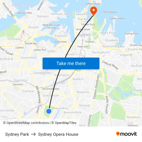 Sydney Park to Sydney Opera House map