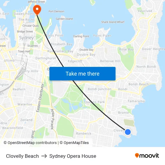 Clovelly Beach to Sydney Opera House map
