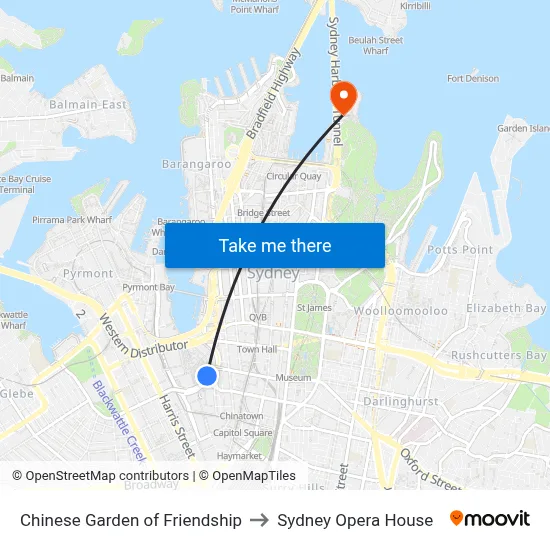 Chinese Garden of Friendship to Sydney Opera House map