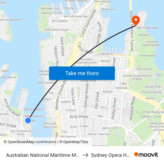 Australian National Maritime Museum to Sydney Opera House map