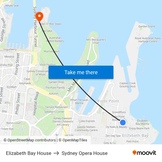 Elizabeth Bay House to Sydney Opera House map