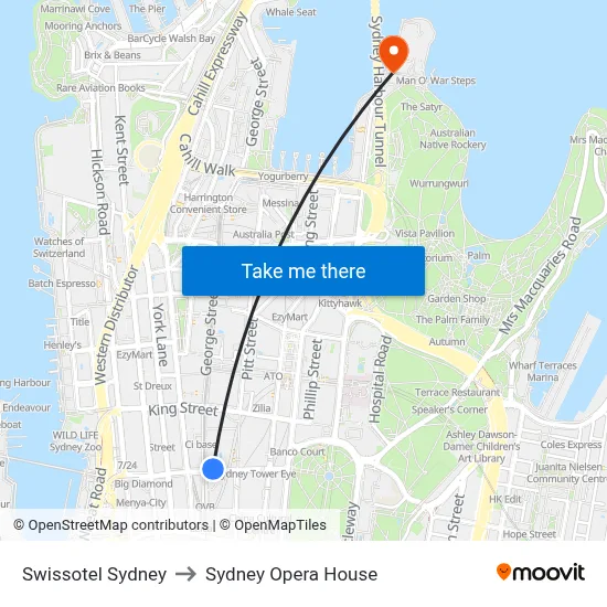 Swissotel Sydney to Sydney Opera House map