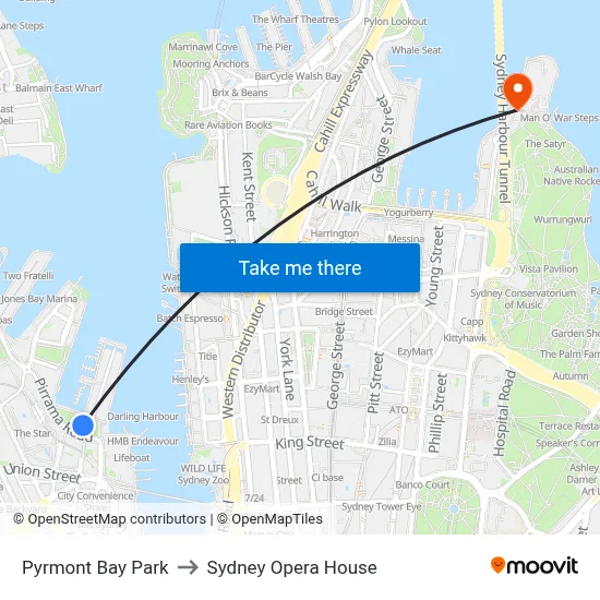 Pyrmont Bay Park to Sydney Opera House map