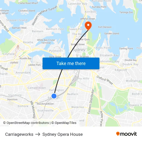Carriageworks to Sydney Opera House map