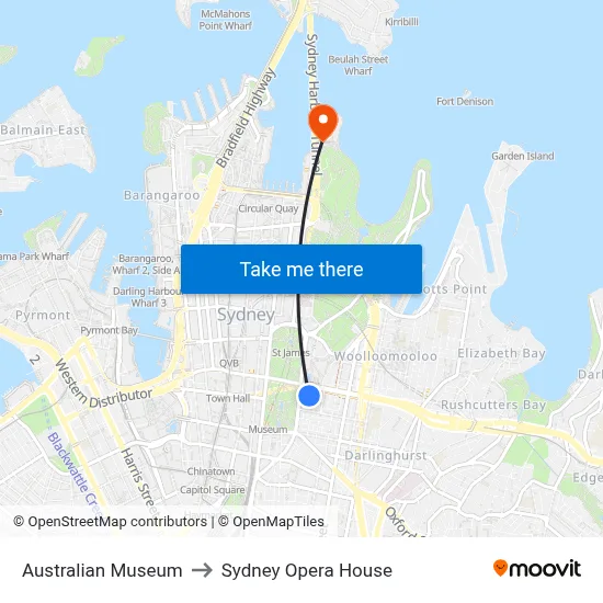 Australian Museum to Sydney Opera House map