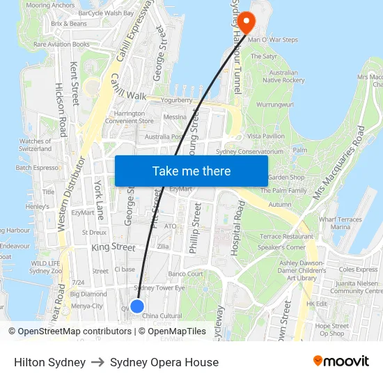 Hilton Sydney to Sydney Opera House map