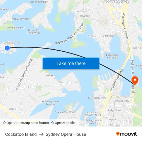 Cockatoo Island to Sydney Opera House map