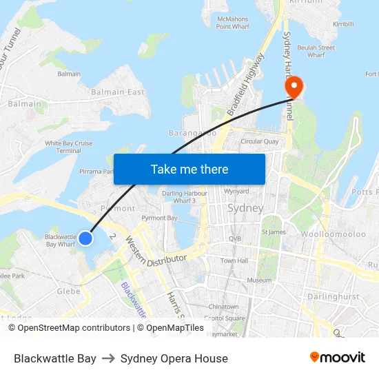 Blackwattle Cove to Sydney Opera House map