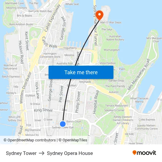 Sydney Tower to Sydney Opera House map