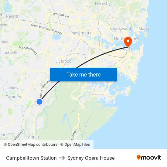 Campbelltown Station to Sydney Opera House map
