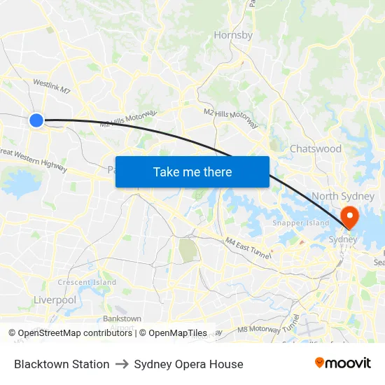 Blacktown Station to Sydney Opera House map