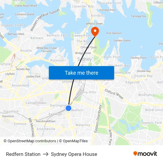 Redfern Station to Sydney Opera House map