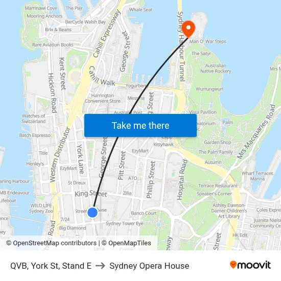 QVB, York St, Stand E to Sydney Opera House map