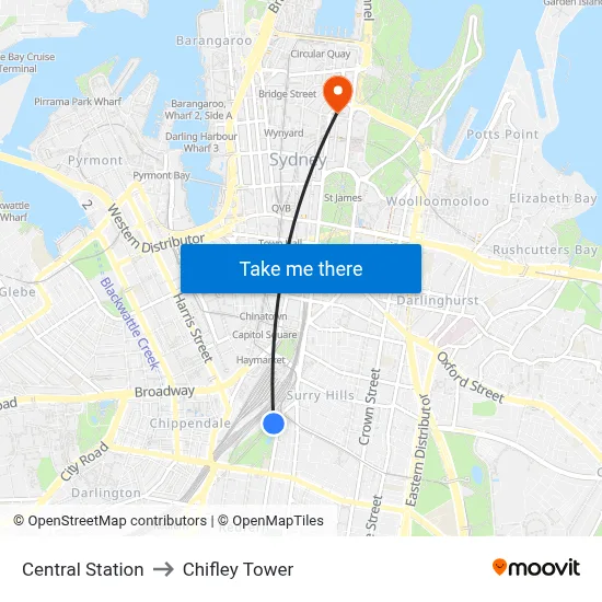 Central Station to Chifley Tower map