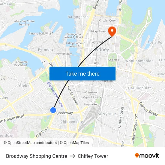 Broadway Shopping Centre to Chifley Tower map