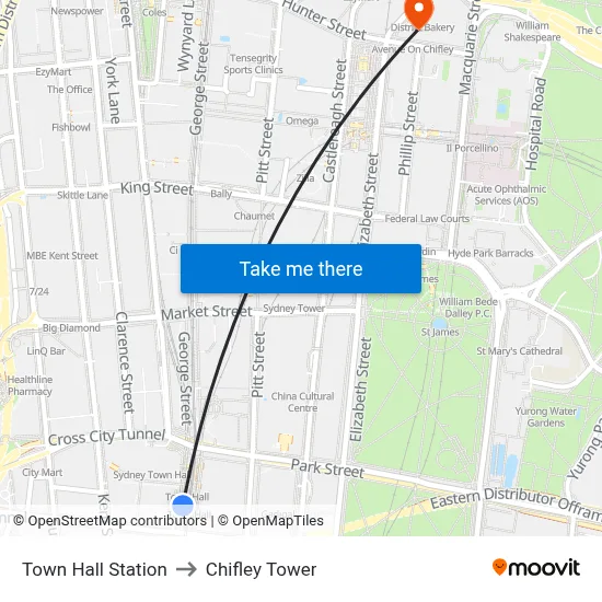Town Hall Station to Chifley Tower map