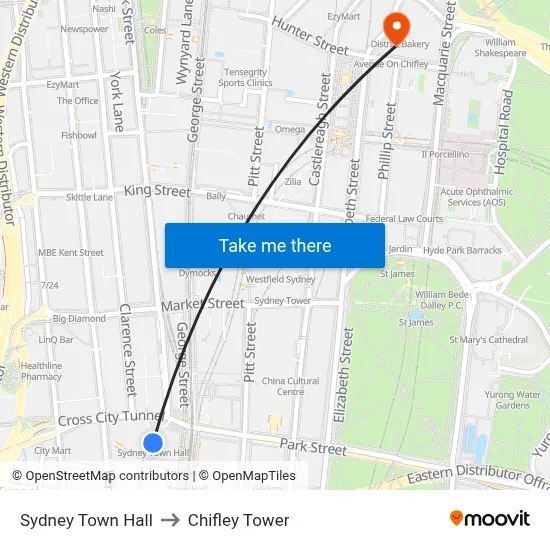 Sydney Town Hall to Chifley Tower map
