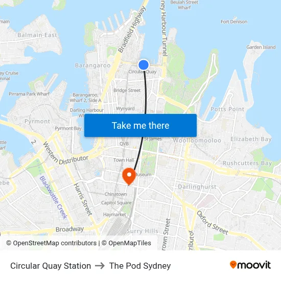 Circular Quay Station to The Pod Sydney map