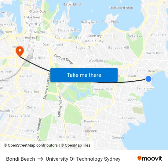 Bondi Beach to University Of Technology Sydney map