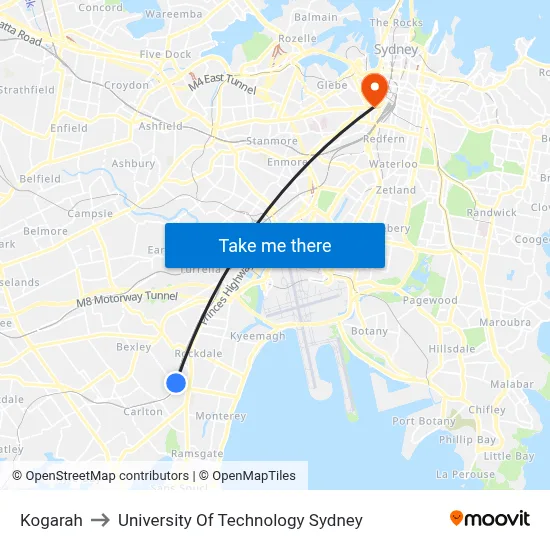 Kogarah to University Of Technology Sydney map