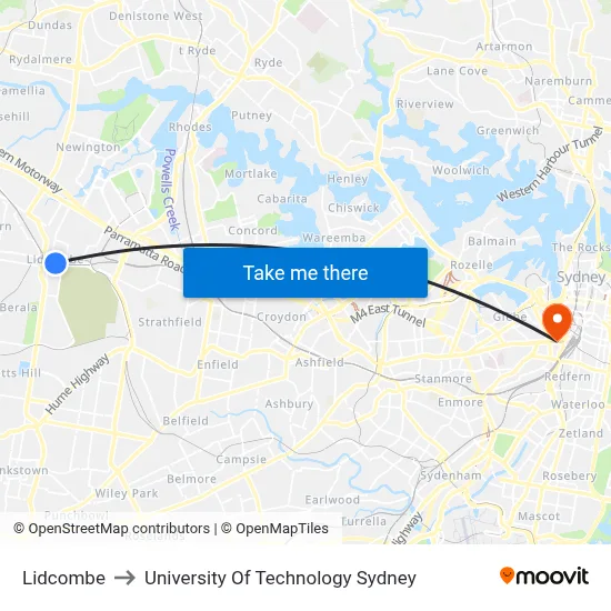 Lidcombe to University Of Technology Sydney map