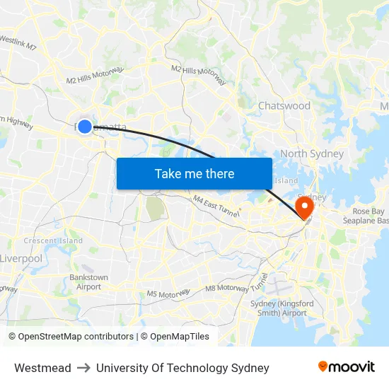 Westmead to University Of Technology Sydney map