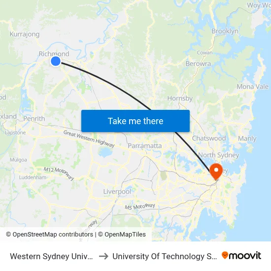 Western Sydney University to University Of Technology Sydney map