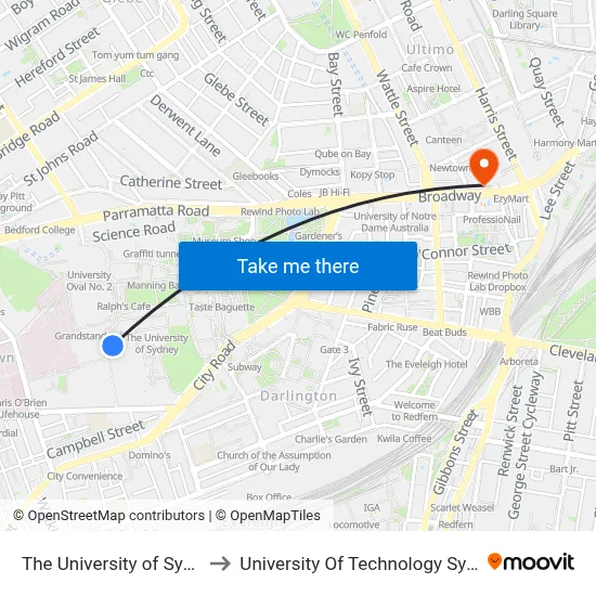 The University of Sydney to University Of Technology Sydney map