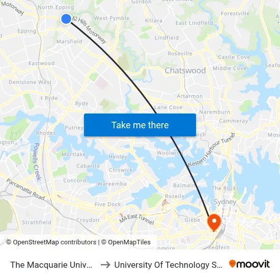 The Macquarie University to University Of Technology Sydney map