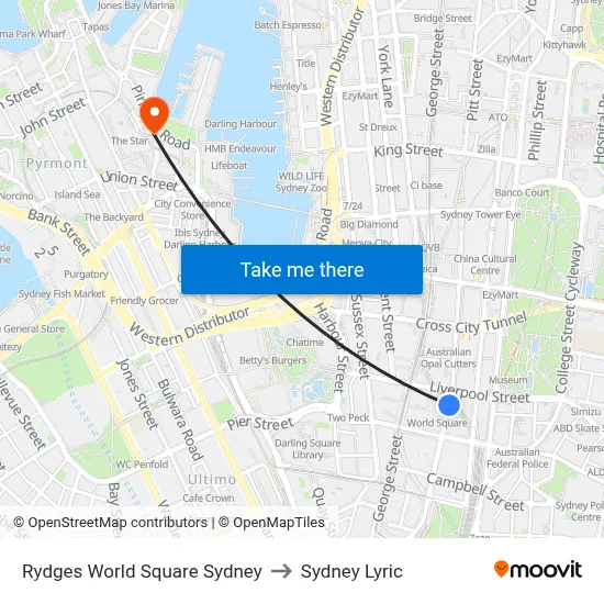 Rydges World Square Sydney to Sydney Lyric map