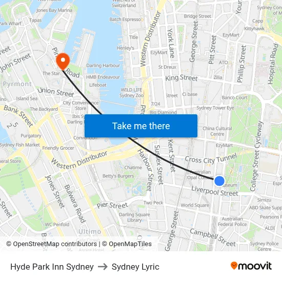 Hyde Park Inn Sydney to Sydney Lyric map