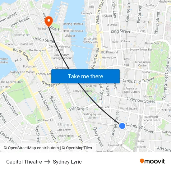Capitol Theatre to Sydney Lyric map