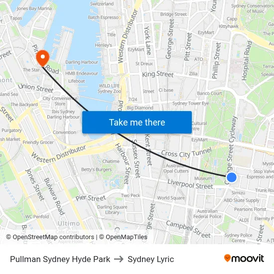 Pullman Sydney Hyde Park to Sydney Lyric map