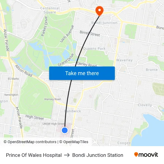 Prince Of Wales Hospital to Bondi Junction Station map