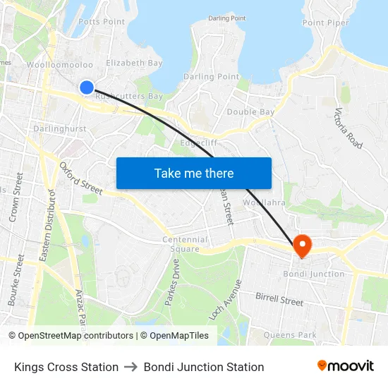 Kings Cross Station to Bondi Junction Station map