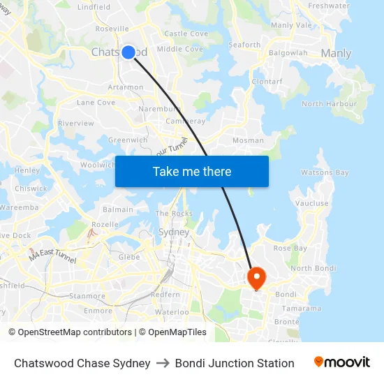 Chatswood Chase Sydney to Bondi Junction Station map